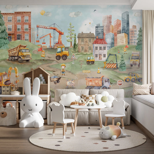 Children's playroom with a cityscape mural, furniture, and toys.