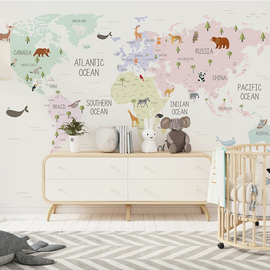 Pastel Animal World Map Custom Wallpaper for walls