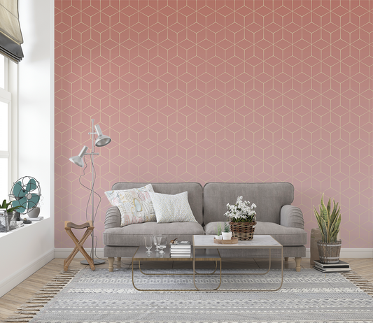 A living room with a pink wall featuring a geometric sundance pattern wallpaper.