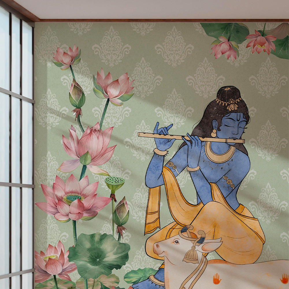 Krishna's Divine Blossom Mural Wall Art