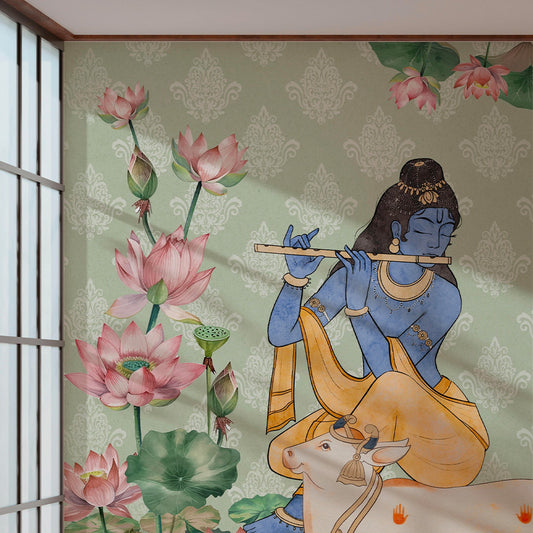 Krishna's Divine Blossom Mural Wall Art