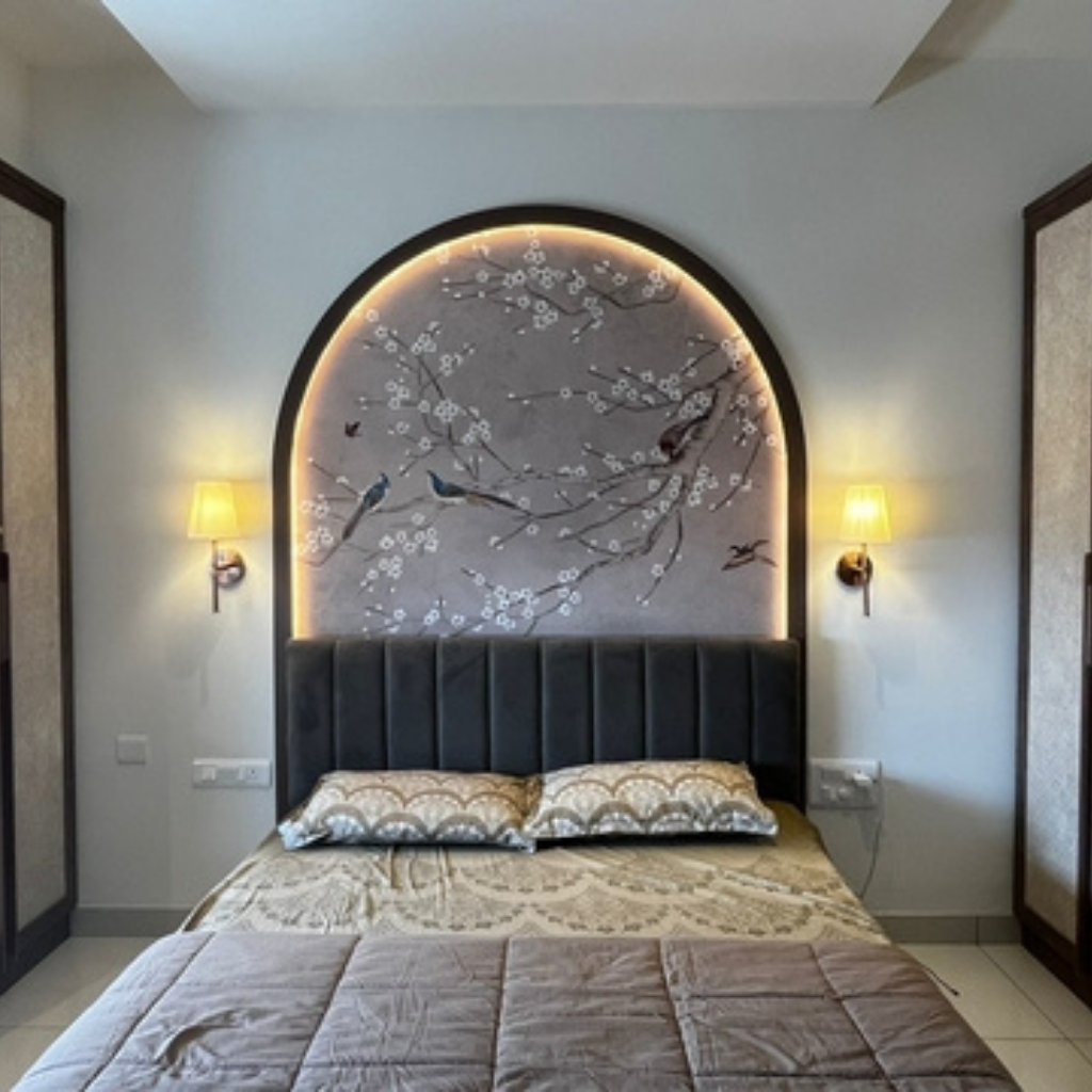 Bedroom with decorative Cherry Blossom wallpaper wall art above the bed.