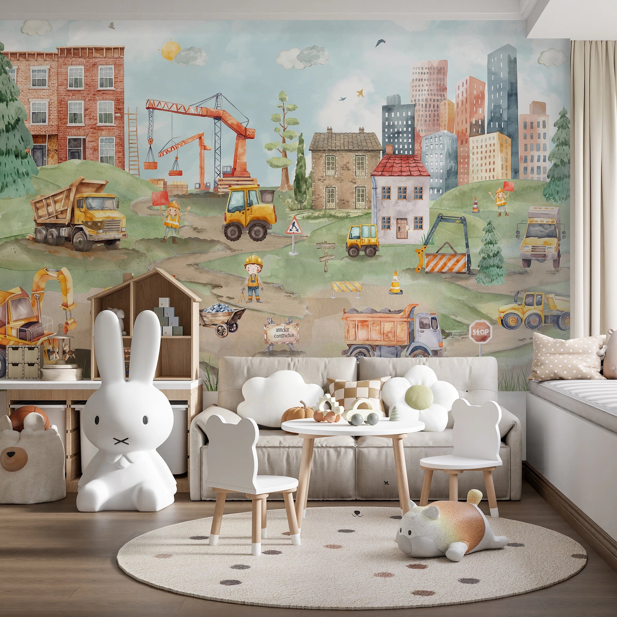 Children's playroom with a cityscape mural, furniture, and toys.