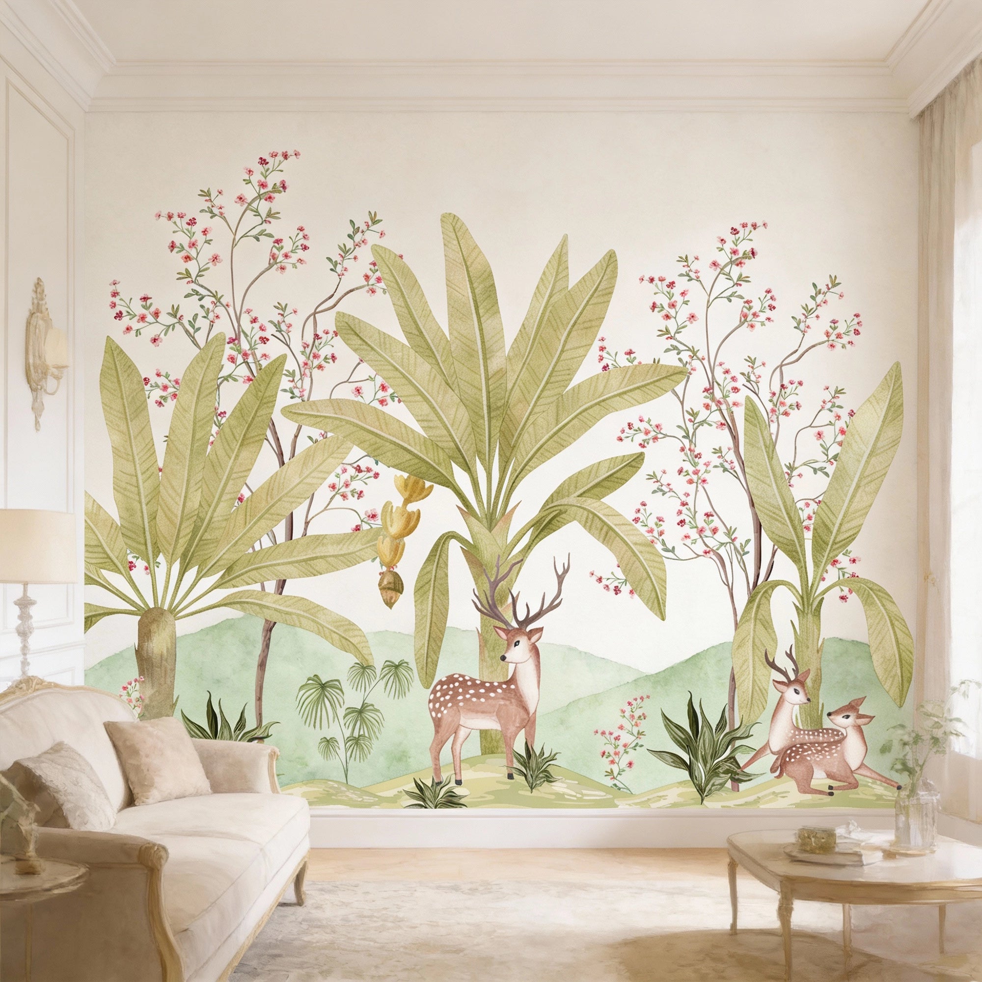 wall mural with deer and plants in a living room wallpaper 