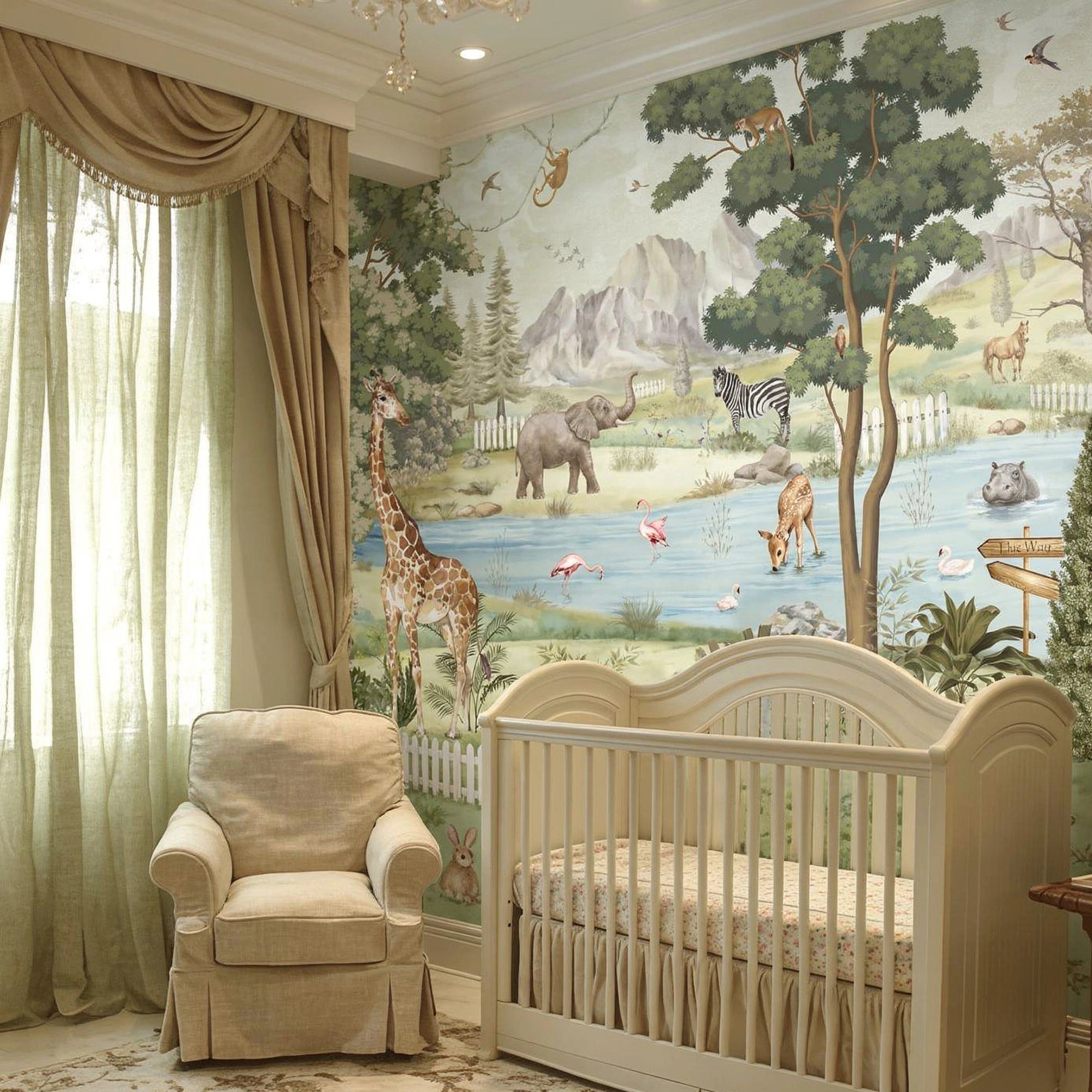 Nursery room with a crib, armchair, and wall mural of animals and nature.
