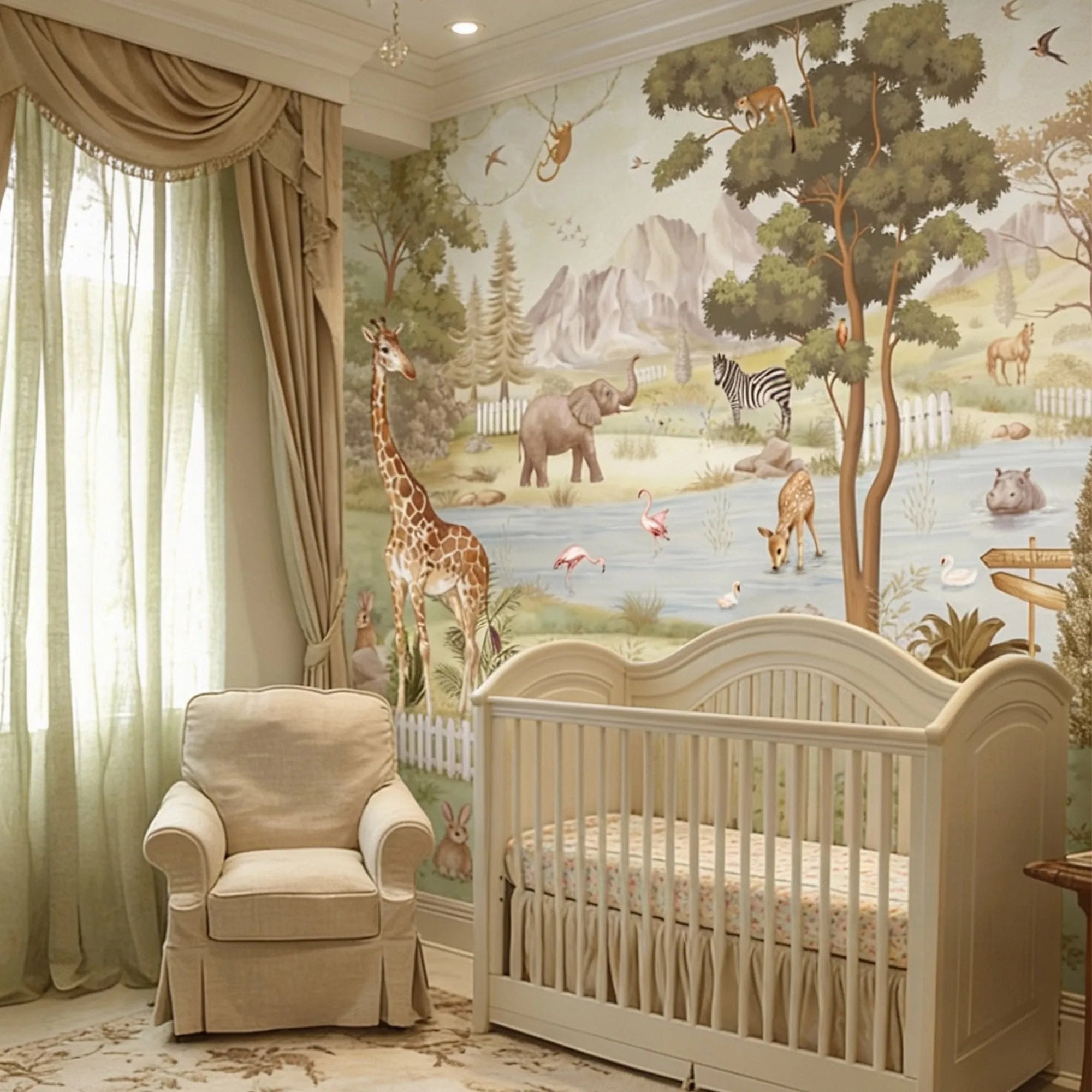 Nursery room with crib, armchair, and animal-themed wallpaper