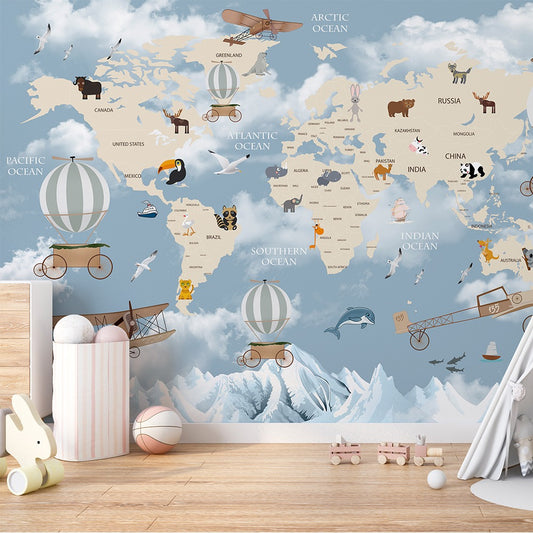 Pastel Blue World Map Wallpaper for Children Room