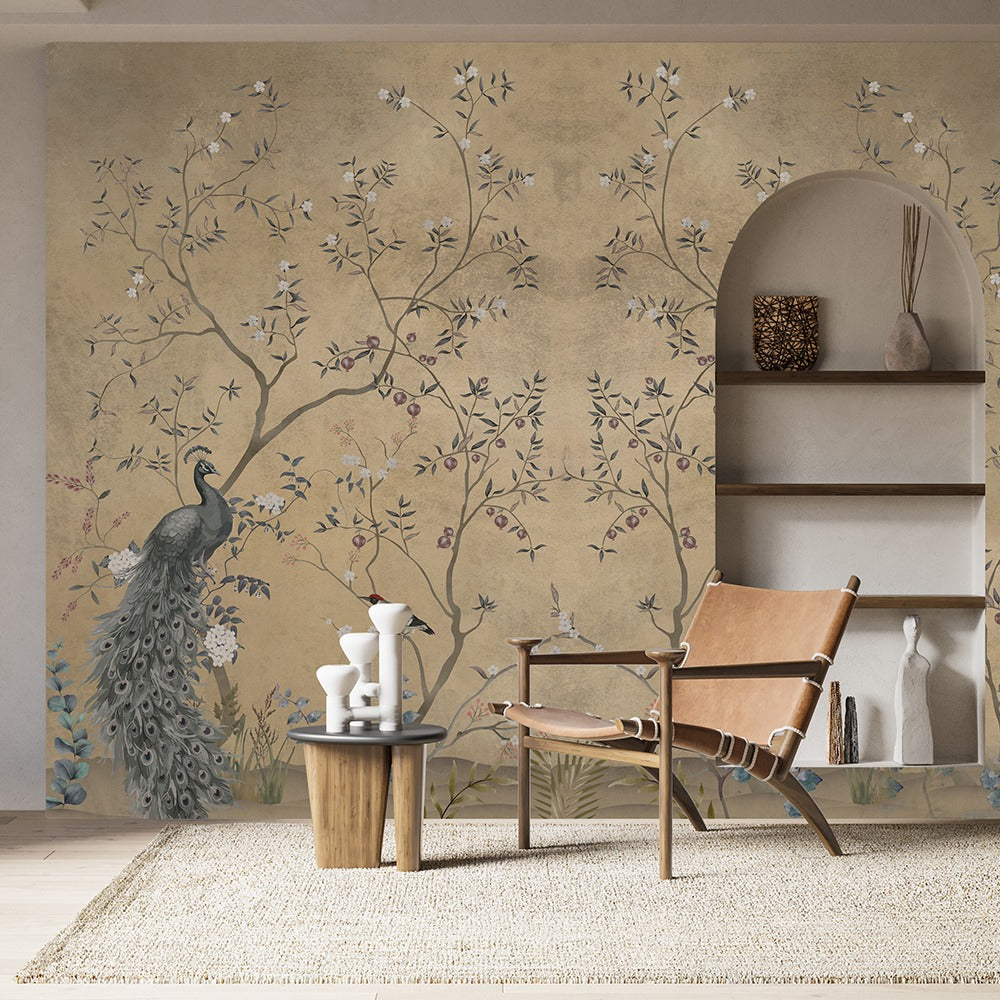 Chinoiserie Peacock Blooms Tropical Wallpaper for walls
