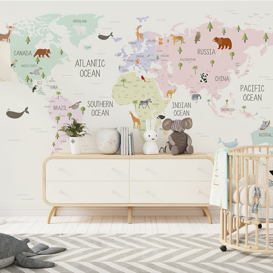 Pastel Animal World Map Custom Wallpaper for Walls