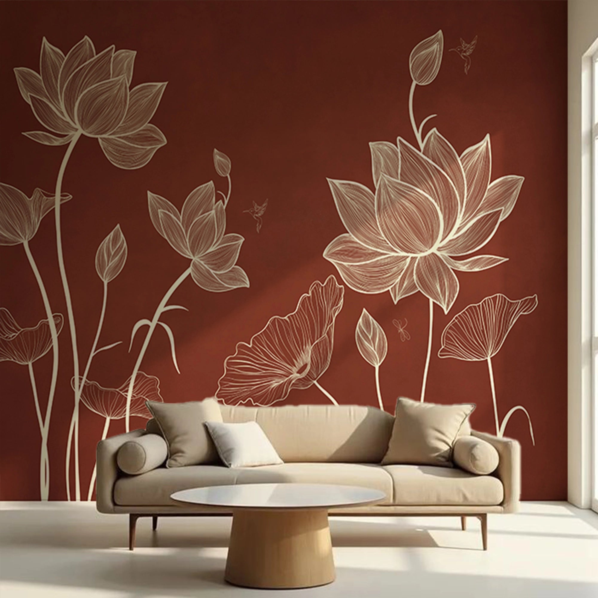 Modern living room with wallpaper of floral designs.