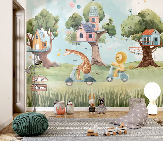 Animal Treehouse kids room wallpaper